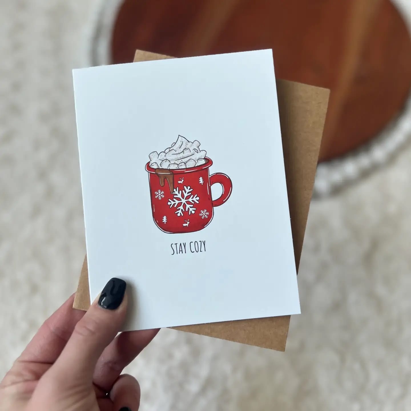 stay cozy card, holiday greeting card, christmas card, winter card, hot chocolate card, cozy christmas stationery, festive holiday card, blank inside card, christmas gifts, YENology cards
