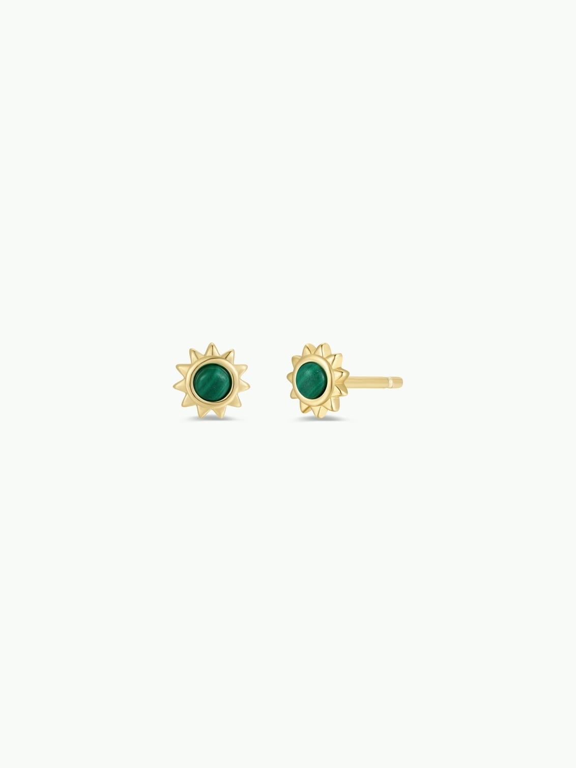tarnish-free studs, gold sun earrings, green gemstone studs