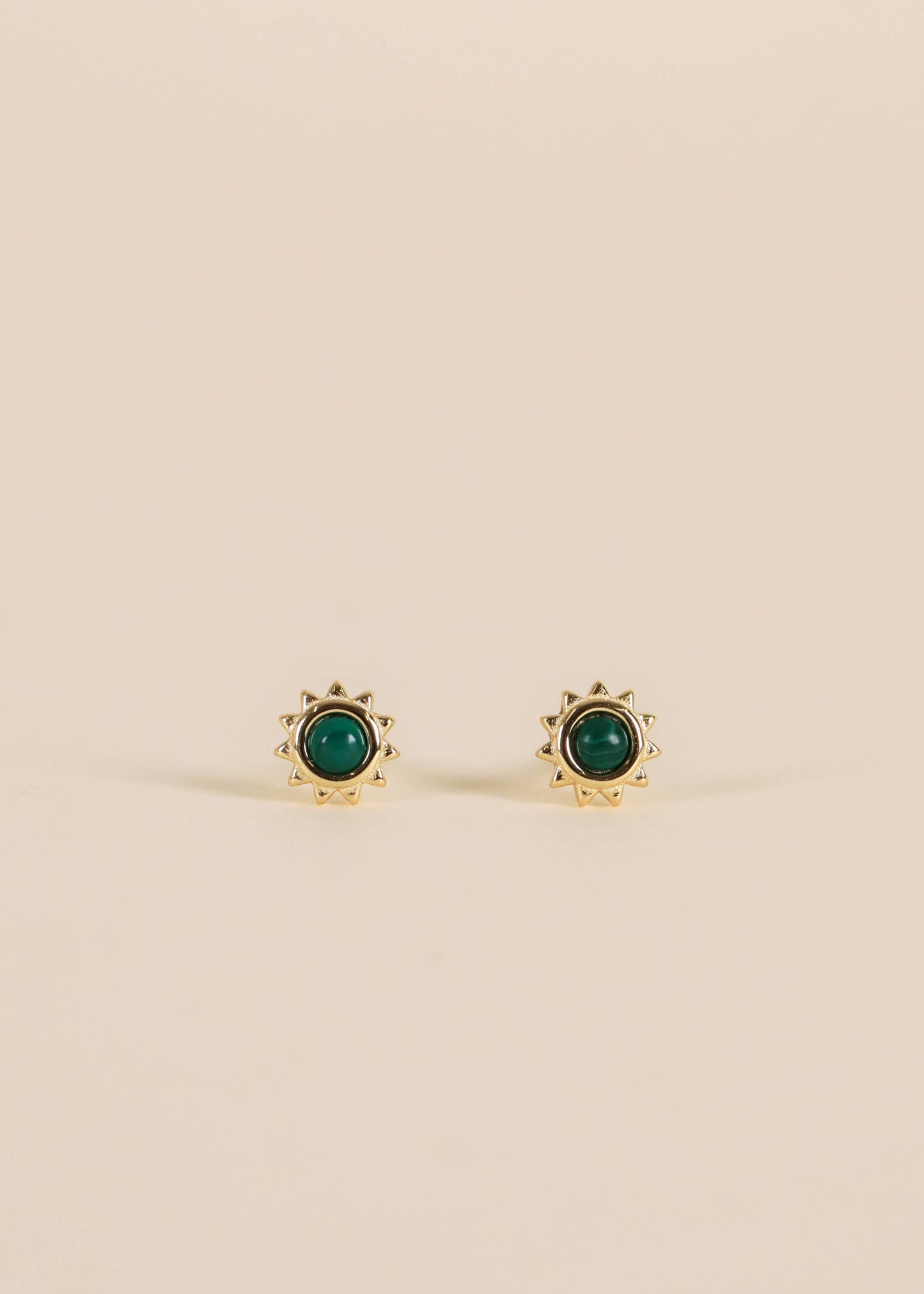 Sun Stud earrings, Malachite earrings, 18K gold plated studs