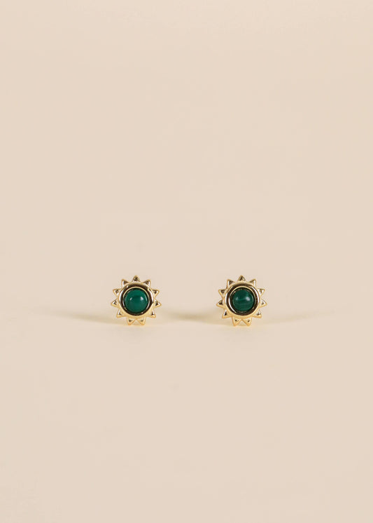 Sun Stud earrings, Malachite earrings, 18K gold plated studs