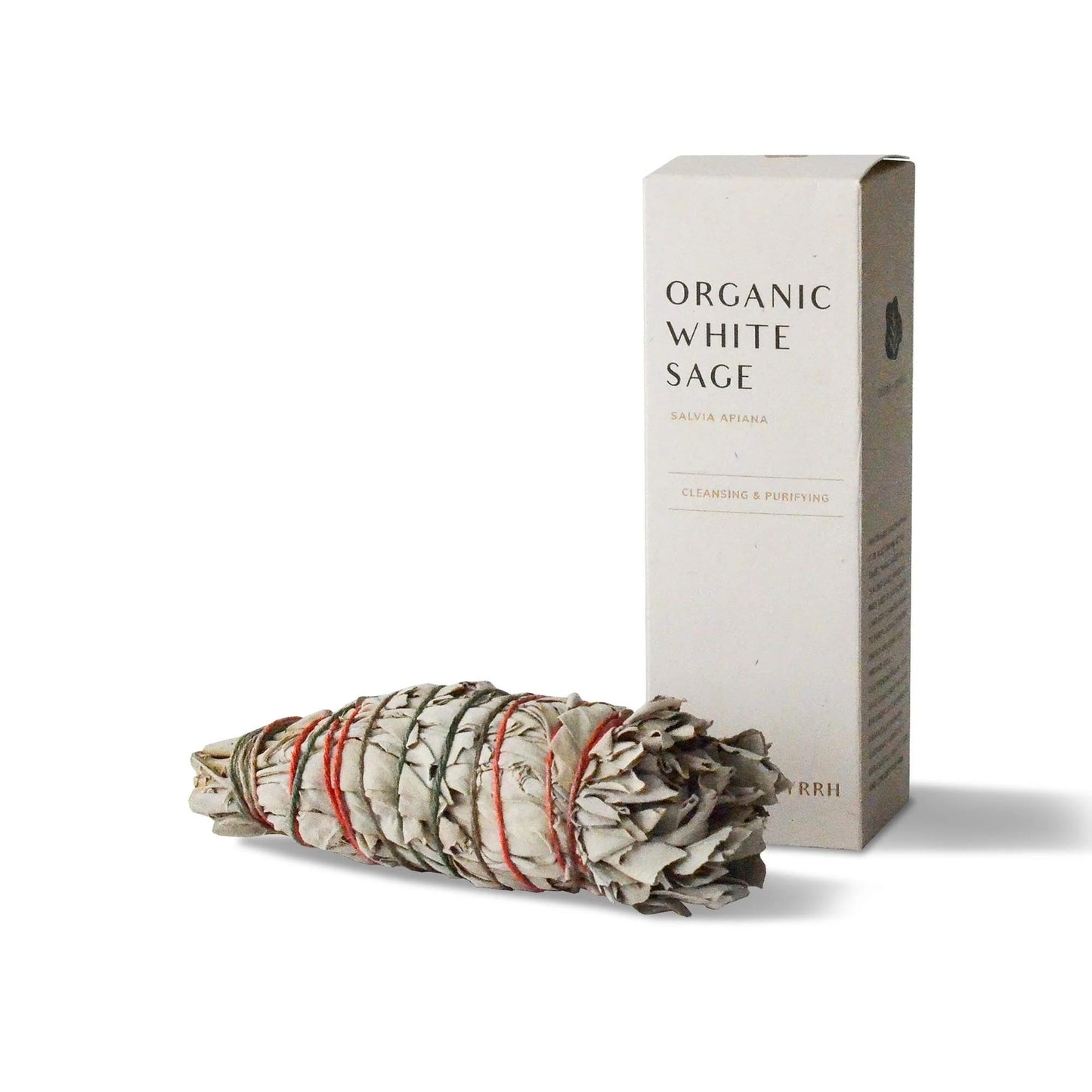 Bundled organic white sage with packaging on a white background
