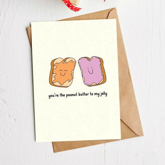 “You’re the Peanut Butter To My Jelly” cute hand-drawn anniversary card on matte cardstock.
